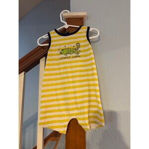 Yellow white striped baby romper lizard lunch flies bugs 12 mths vtg y2k